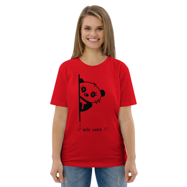 Panda hello world cute animal cartoon character, joy, computer humor, Unisex organic cotton t-shirt joy