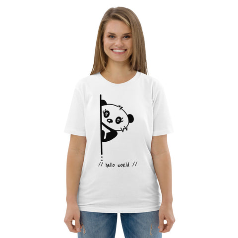 Panda hello world cute animal cartoon character, joy, computer humor, Unisex organic cotton t-shirt joy