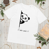 Panda hello world cute animal cartoon character, joy, computer humor, Unisex organic cotton t-shirt joy