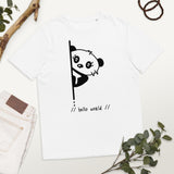 Panda hello world cute animal cartoon character, joy, computer humor, Unisex organic cotton t-shirt joy