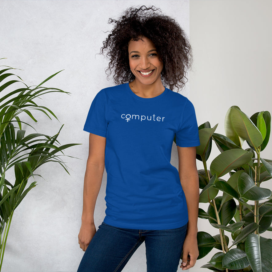 Woman in technology t-shirt blue short sleeves with white text computer design