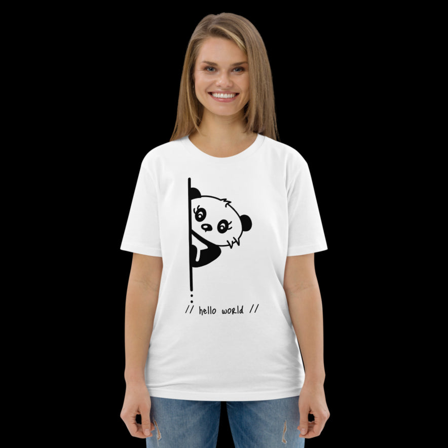 Woman in technology t-shirt short sleeve with panda hello world programming design